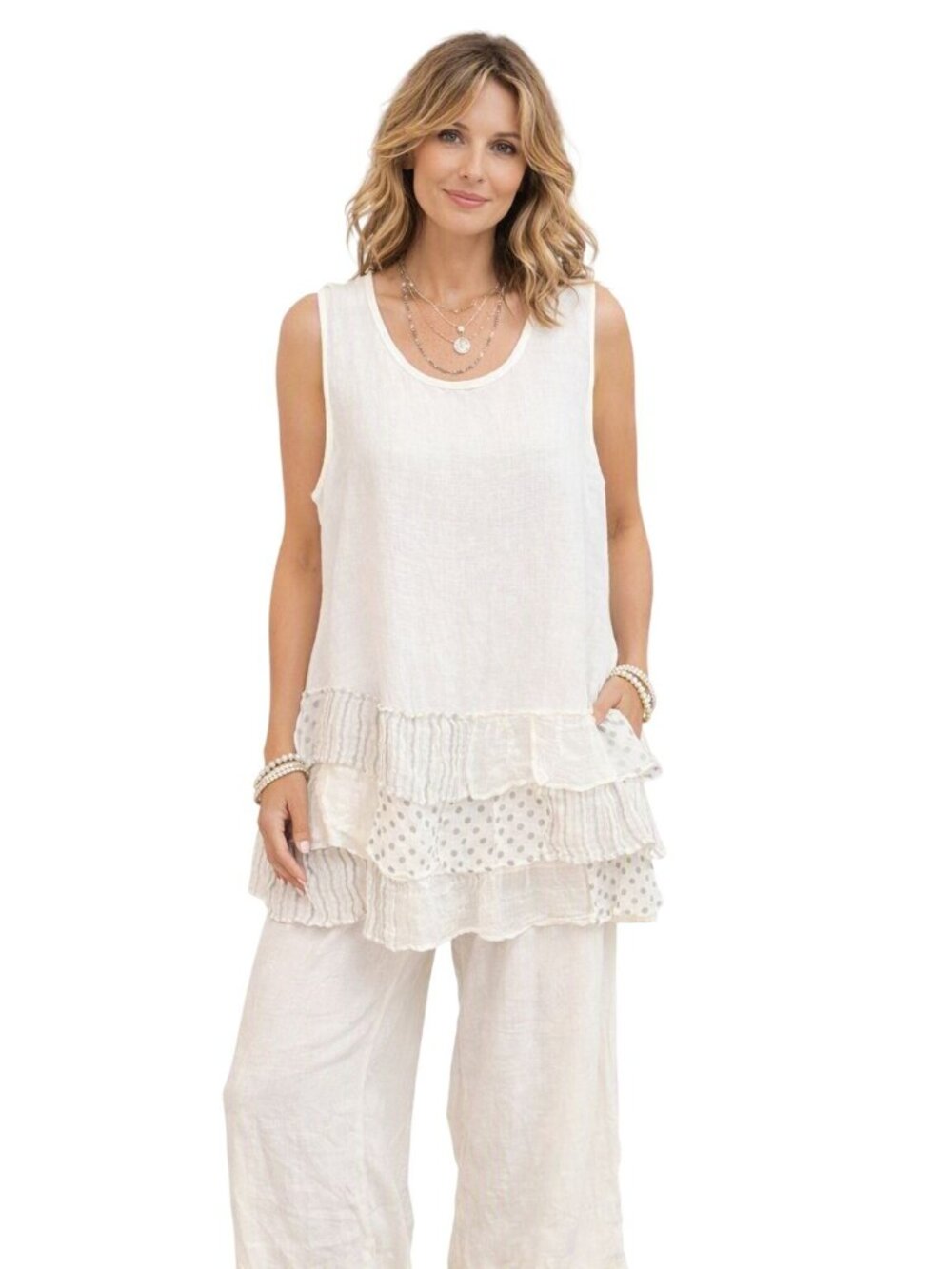 Paper Lace White Linen Sleeveless Lagenlook Cottage Tunic Tiered Ruffle Hem XL